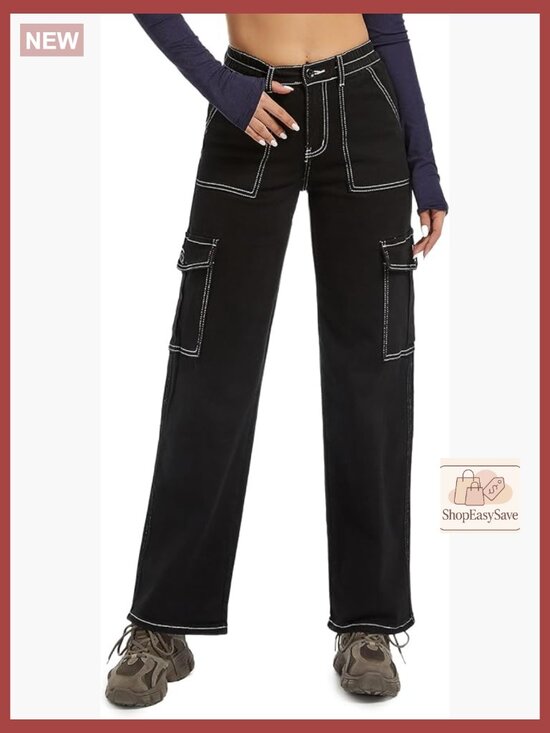 Pants - High Waisted Stretch Straight Leg Cargo Pants with Pockets Trendy Trousers